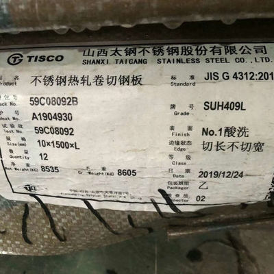 SUH409L UNS S40910 Placa de acero inoxidable laminada en caliente 1D Terminada 3,5 mm 409L
