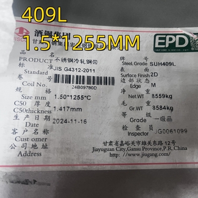 JIS G4312 SUH409L SUS409L Hoja de acero inoxidable laminada en frío de 1,5 mm Finish 2D para sistemas de escape